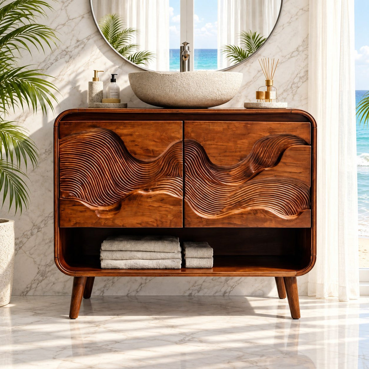Mid Century Wave Bathroom Vanity 30-60 Inch, Rounded Cabinet with Carved Wave Doors and Open Shelf