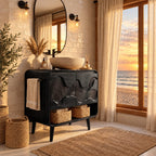 Mid Century Wave Bathroom Vanity 30-60 Inch, Rounded Cabinet with Carved Wave Doors and Open Shelf
