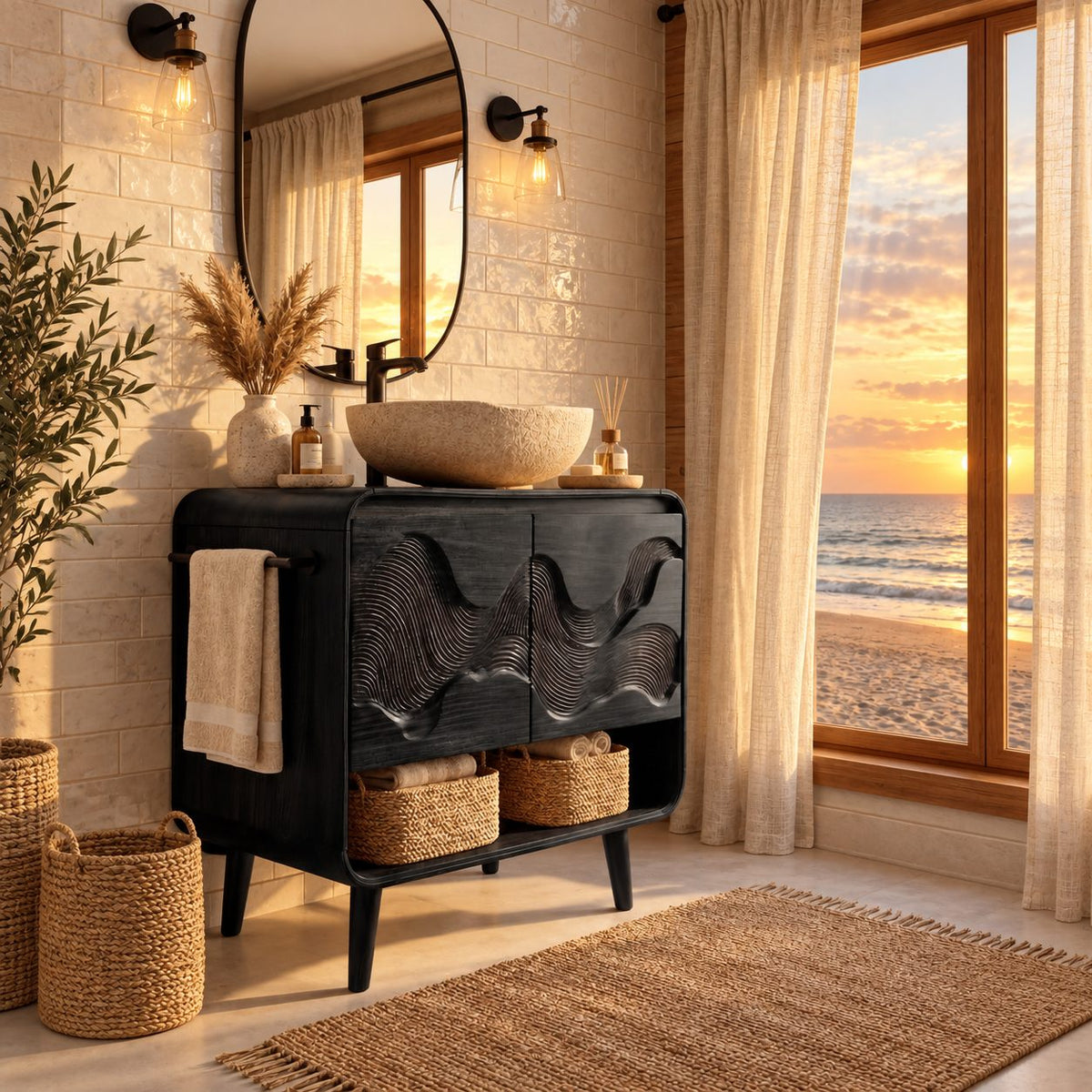 Mid Century Wave Bathroom Vanity 30-60 Inch, Rounded Cabinet with Carved Wave Doors and Open Shelf