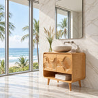 Mid Century Wave Bathroom Vanity 30-60 Inch, Rounded Cabinet with Carved Wave Doors and Open Shelf