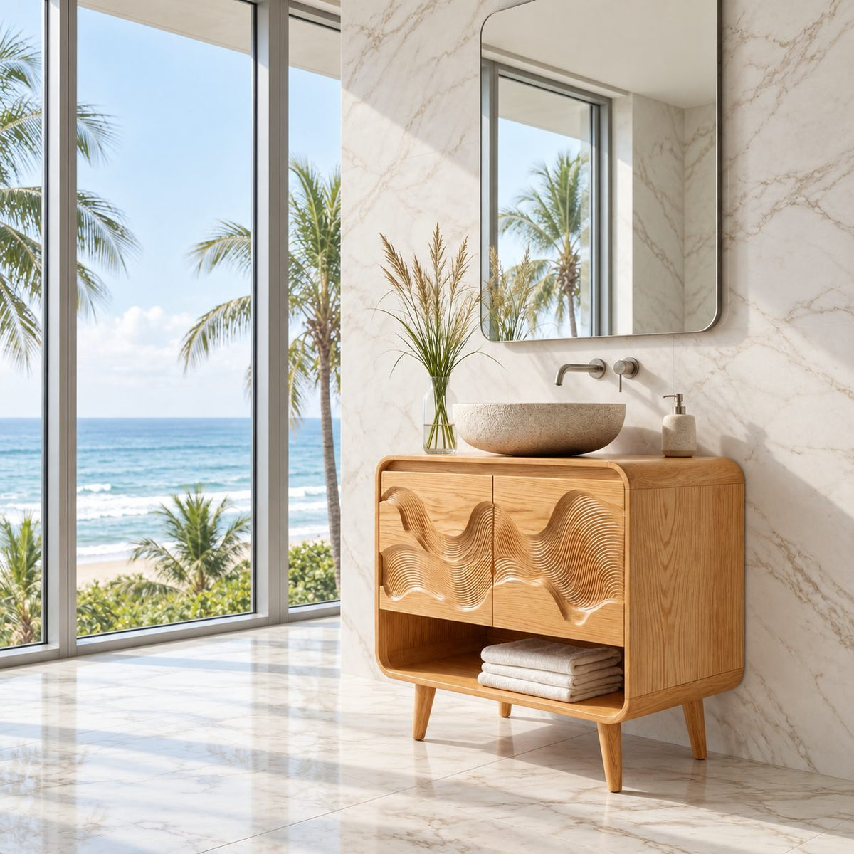 Mid Century Wave Bathroom Vanity 30-60 Inch, Rounded Cabinet with Carved Wave Doors and Open Shelf