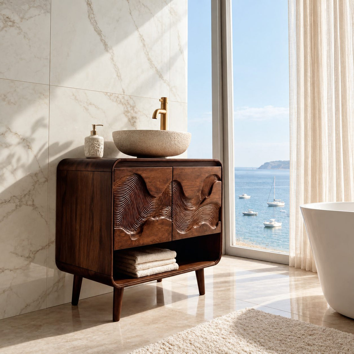 Mid Century Wave Bathroom Vanity 30-60 Inch, Rounded Cabinet with Carved Wave Doors and Open Shelf