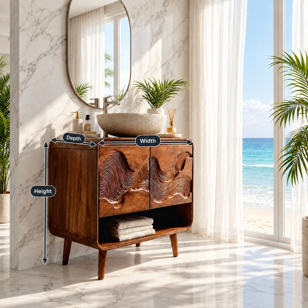 Mid Century Wave Bathroom Vanity 30-60 Inch, Rounded Cabinet with Carved Wave Doors and Open Shelf