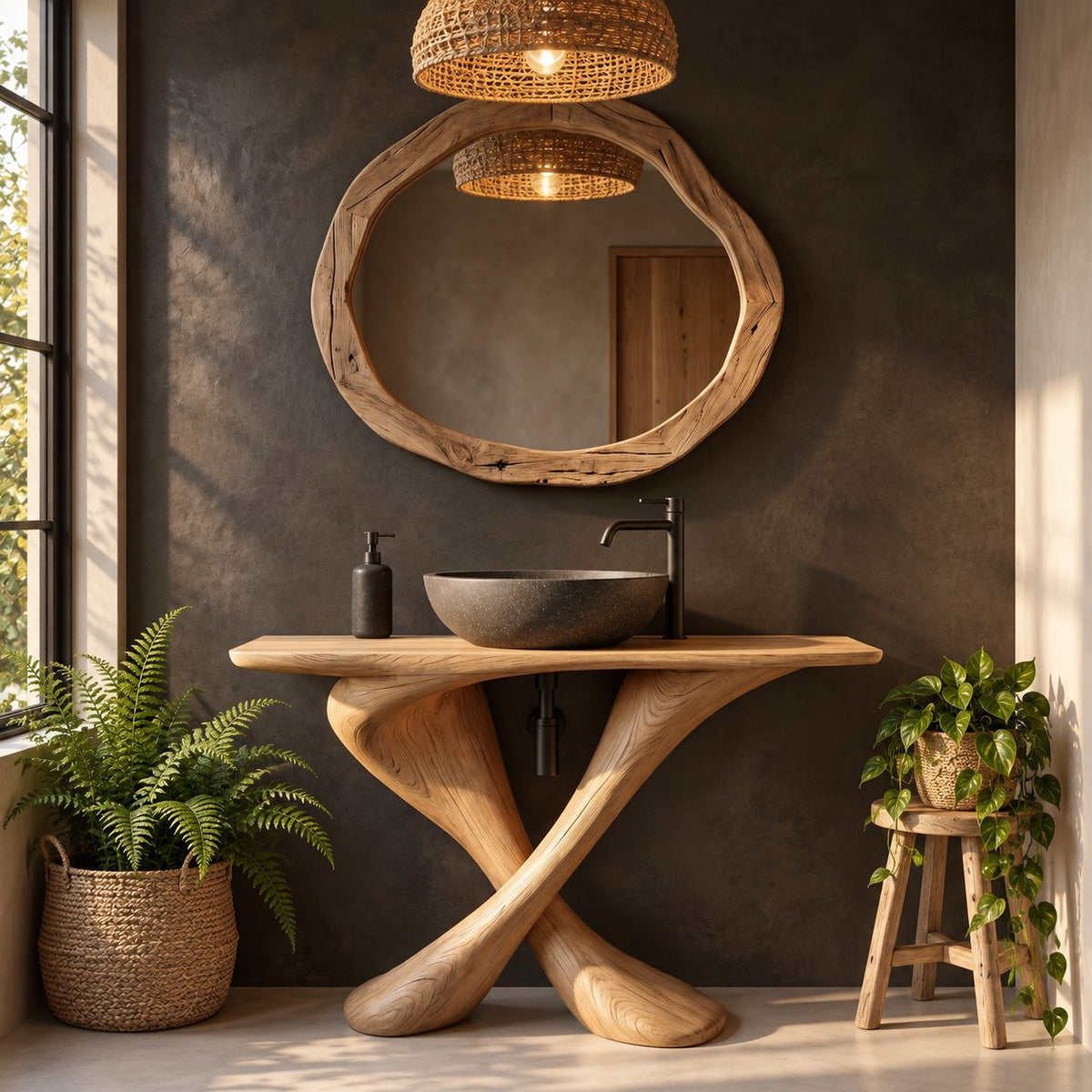 Twisted X Base Bathroom Vanity 44-48 Inch, Sculpted Crossed Leg Solid Wood Console with Slim Top