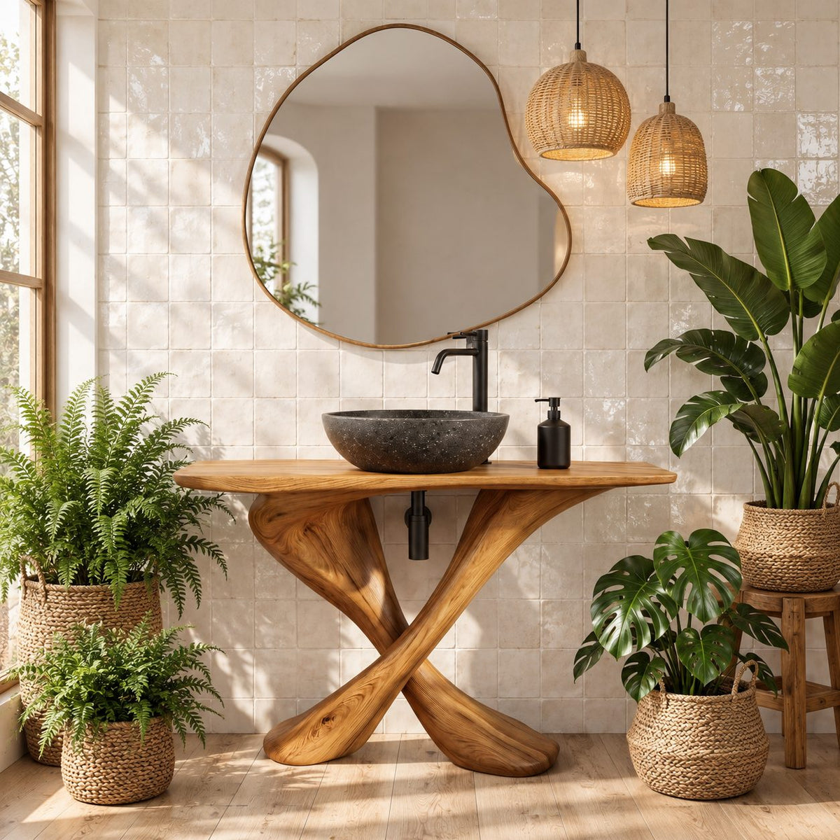 Twisted X Base Bathroom Vanity 44-48 Inch, Sculpted Crossed Leg Solid Wood Console with Slim Top