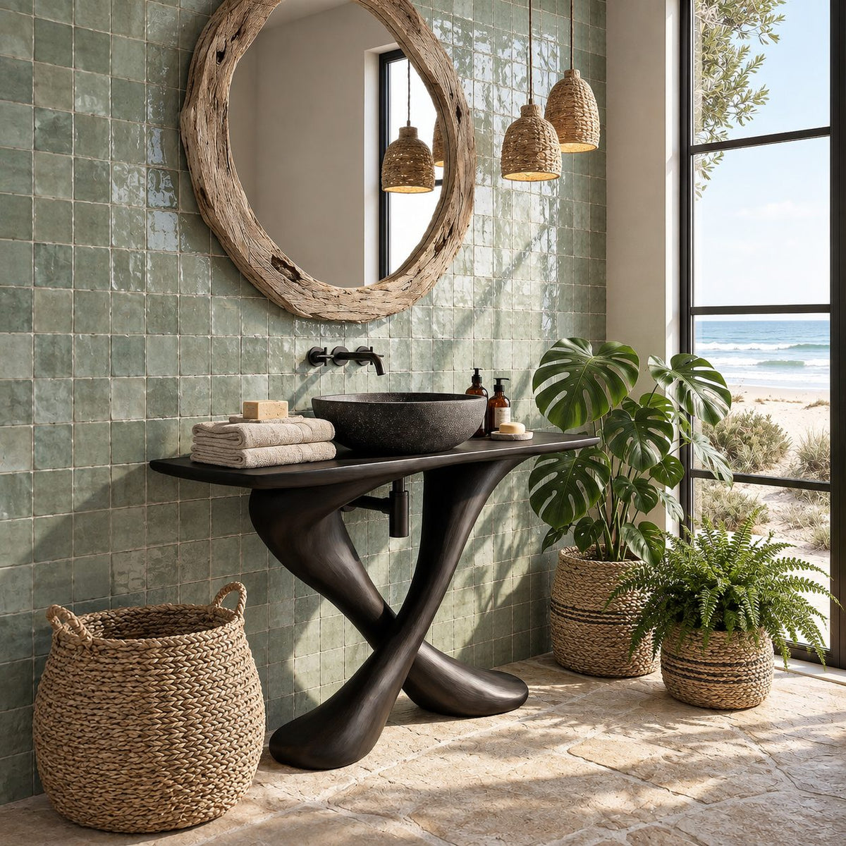 Twisted X Base Bathroom Vanity 44-48 Inch, Sculpted Crossed Leg Solid Wood Console with Slim Top