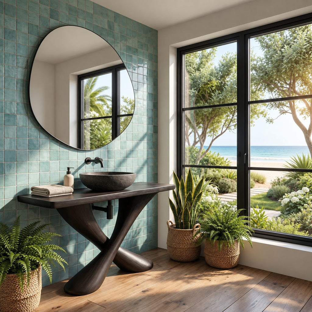 Twisted X Base Bathroom Vanity 44-48 Inch, Sculpted Crossed Leg Solid Wood Console with Slim Top