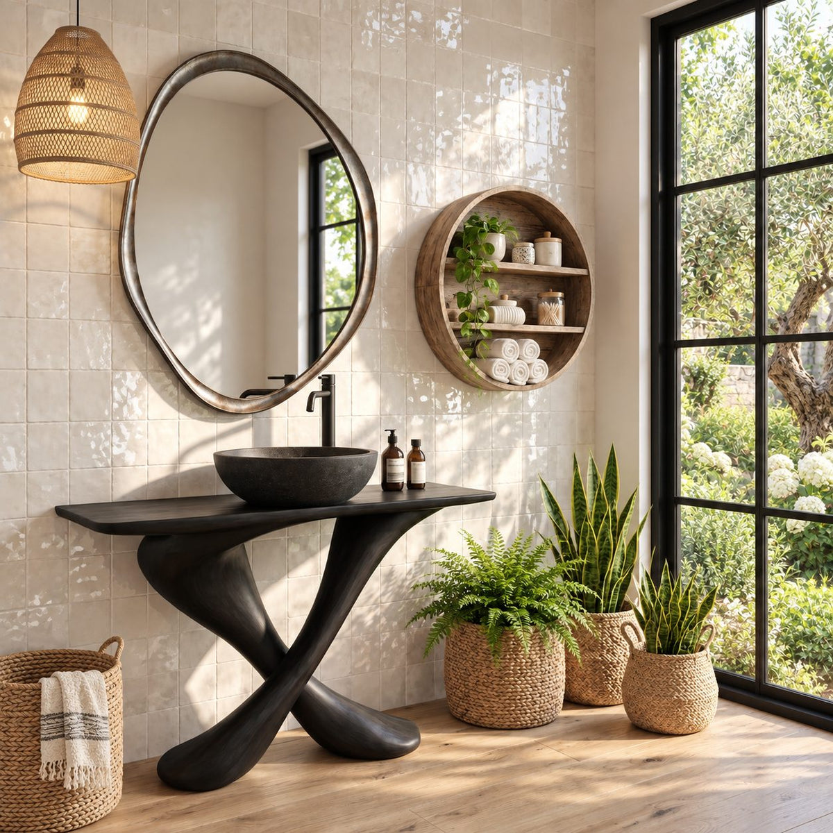 Twisted X Base Bathroom Vanity 44-48 Inch, Sculpted Crossed Leg Solid Wood Console with Slim Top