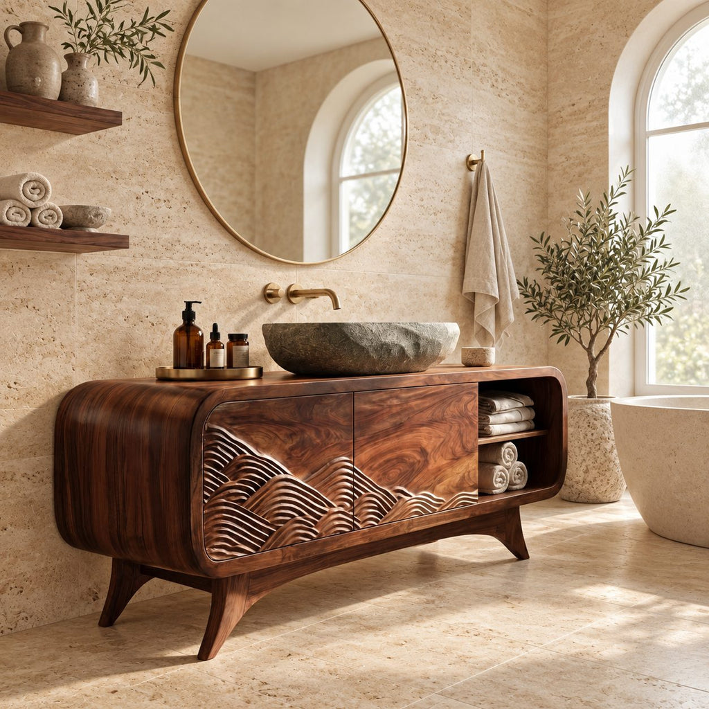 Carved Mountain Wave Bathroom Vanity 40-80 Inch, Mid Century Rounded Cabinet with Open Cubby