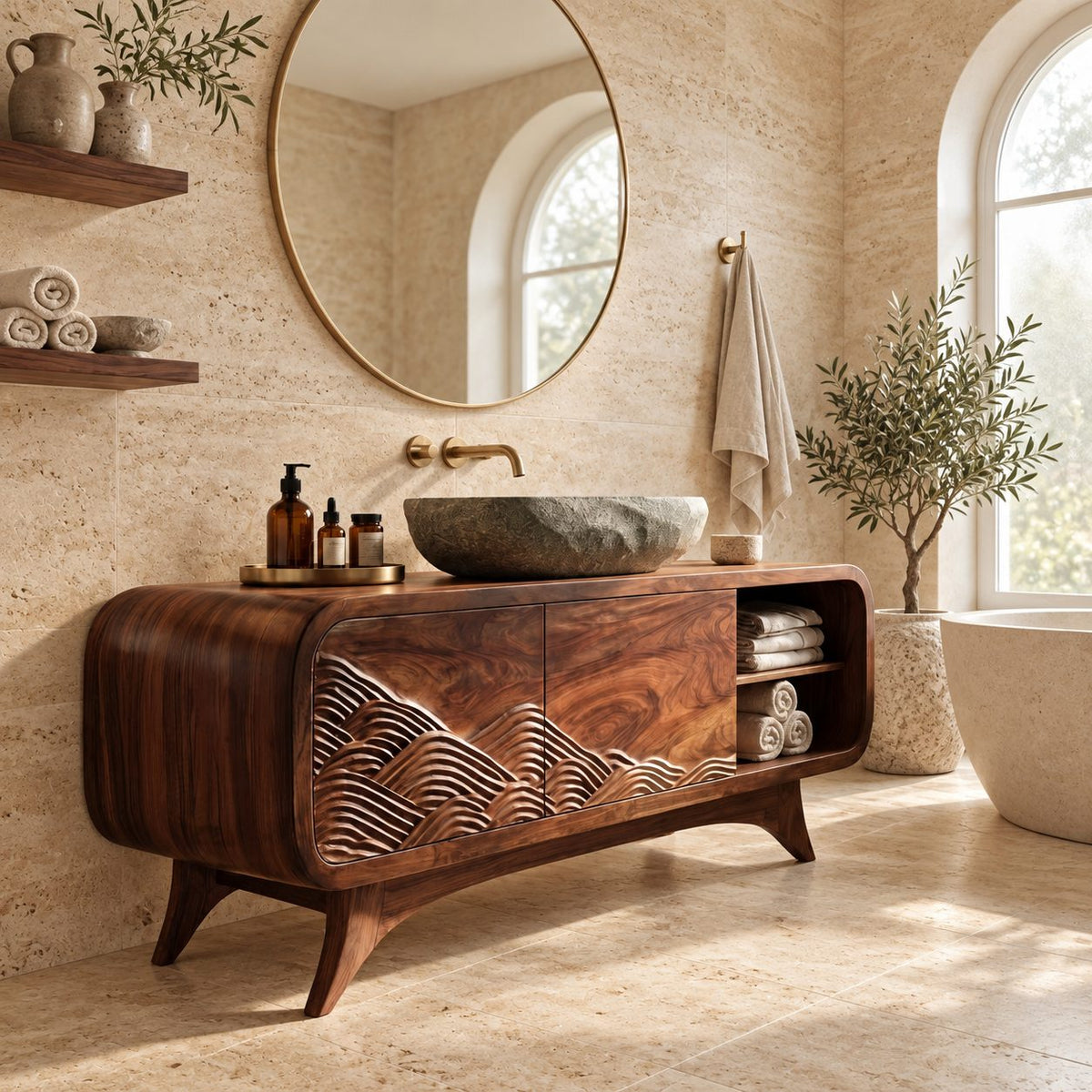 Carved Mountain Wave Bathroom Vanity 40-80 Inch, Mid Century Rounded Cabinet with Open Cubby