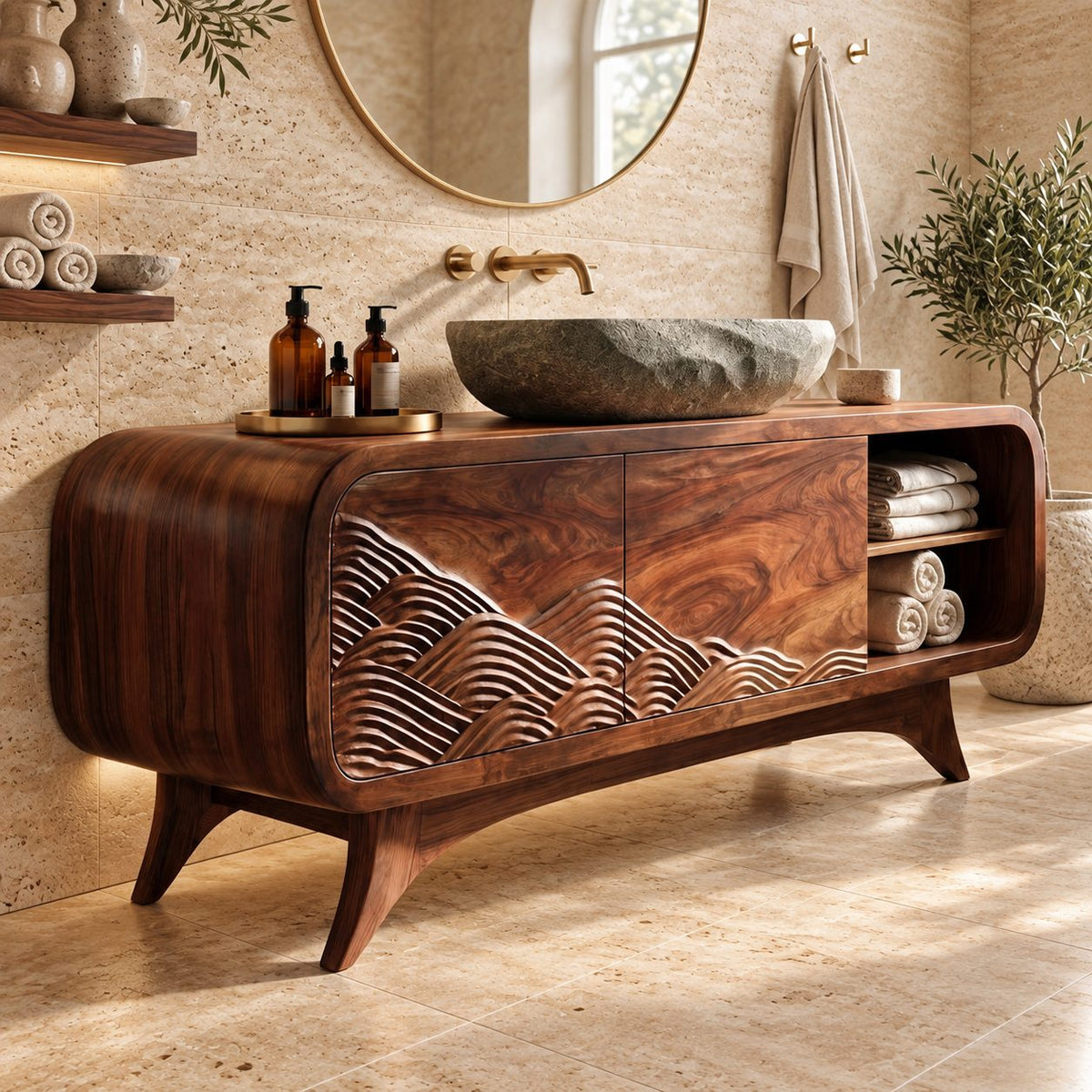 Carved Mountain Wave Bathroom Vanity 40-80 Inch, Mid Century Rounded Cabinet with Open Cubby