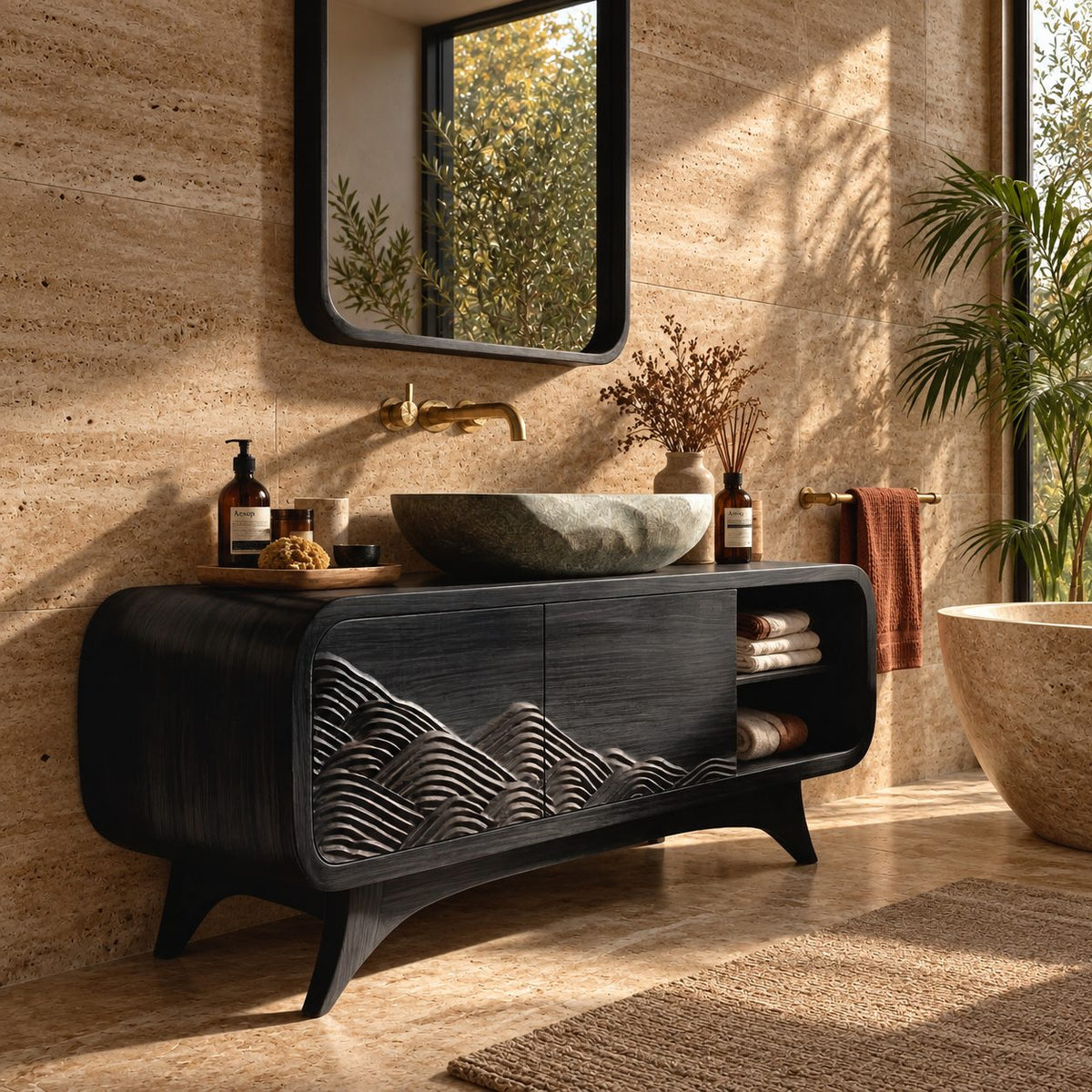 Carved Mountain Wave Bathroom Vanity 40-80 Inch, Mid Century Rounded Cabinet with Open Cubby