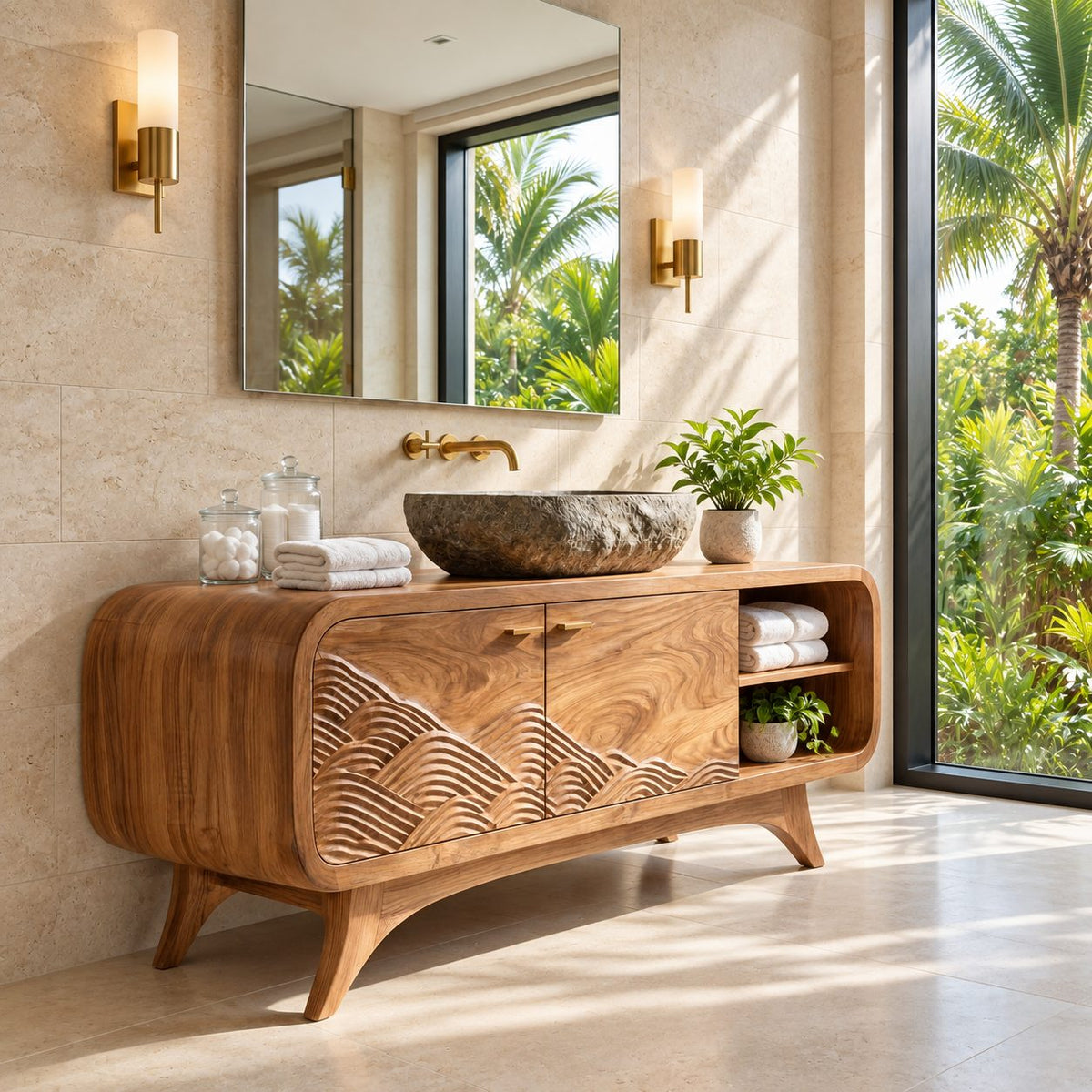 Carved Mountain Wave Bathroom Vanity 40-80 Inch, Mid Century Rounded Cabinet with Open Cubby