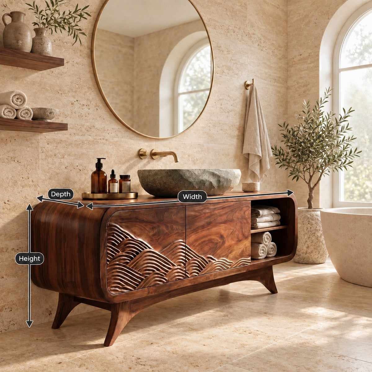 Carved Mountain Wave Bathroom Vanity 40-80 Inch, Mid Century Rounded Cabinet with Open Cubby