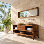 Mid Century Splayed Leg Bathroom Vanity 40-80 Inch, Two Drawer Console, Open Side Cubbies, Lower Shelf