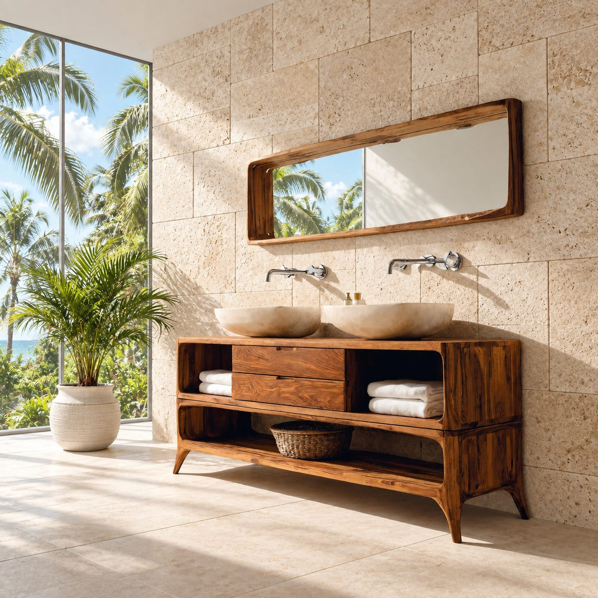 Mid Century Splayed Leg Bathroom Vanity 40-80 Inch, Two Drawer Console, Open Side Cubbies, Lower Shelf