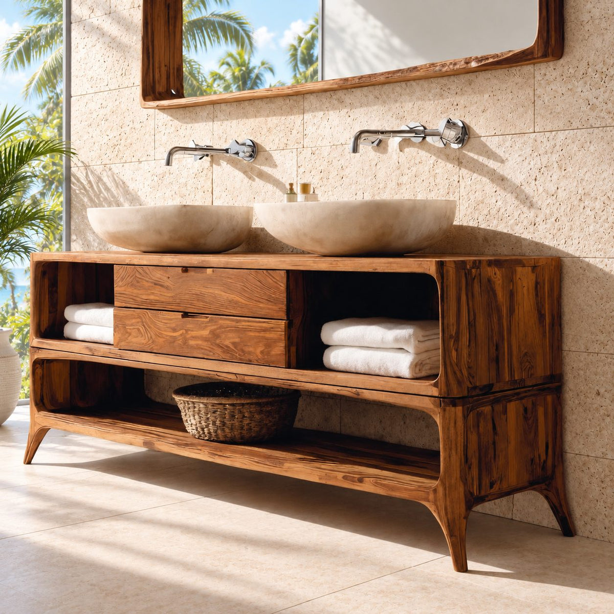 Mid Century Splayed Leg Bathroom Vanity 40-80 Inch, Two Drawer Console, Open Side Cubbies, Lower Shelf