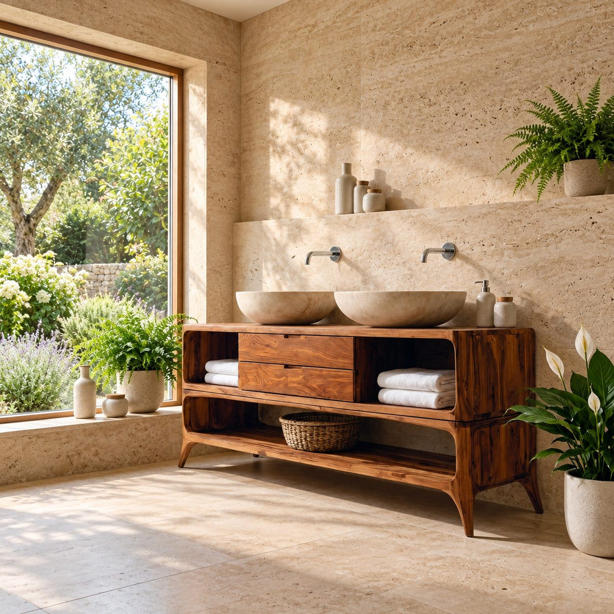 Mid Century Splayed Leg Bathroom Vanity 40-80 Inch, Two Drawer Console, Open Side Cubbies, Lower Shelf