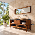Mid Century Splayed Leg Bathroom Vanity 40-80 Inch, Two Drawer Console, Open Side Cubbies, Lower Shelf