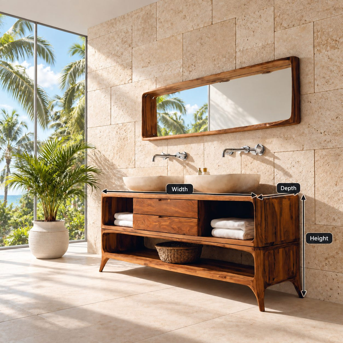 Mid Century Splayed Leg Bathroom Vanity 40-80 Inch, Two Drawer Console, Open Side Cubbies, Lower Shelf