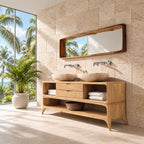 Mid Century Splayed Leg Bathroom Vanity 40-80 Inch, Two Drawer Console, Open Side Cubbies, Lower Shelf