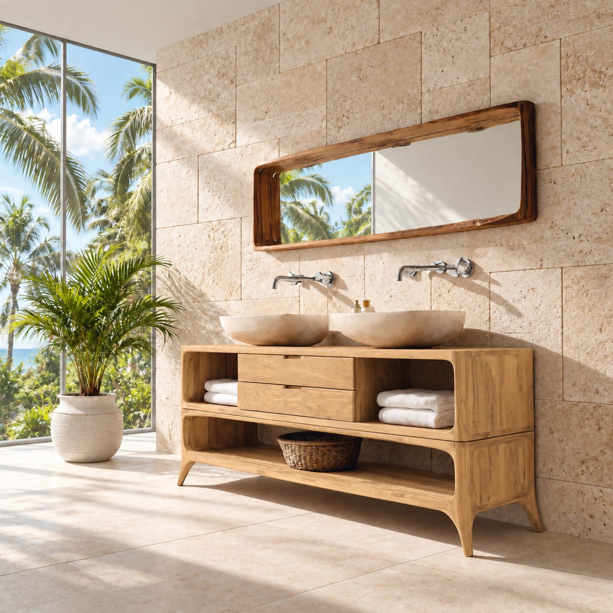 Mid Century Splayed Leg Bathroom Vanity 40-80 Inch, Two Drawer Console, Open Side Cubbies, Lower Shelf