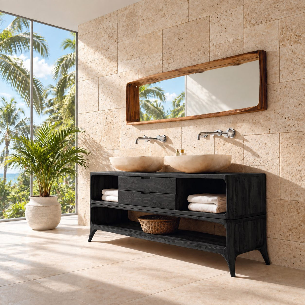 Mid Century Splayed Leg Bathroom Vanity 40-80 Inch, Two Drawer Console, Open Side Cubbies, Lower Shelf