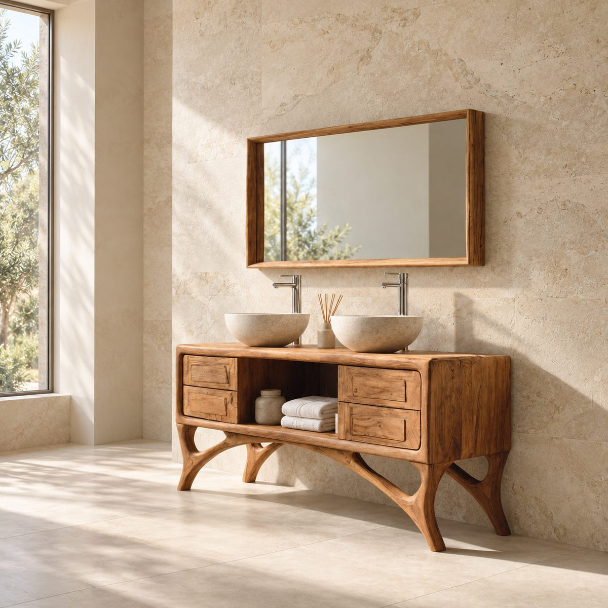 Arched Leg Bathroom Vanity Cabinet 40-80 Inch, Four Drawers, Open Center Niche, Sculpted Curved Legs