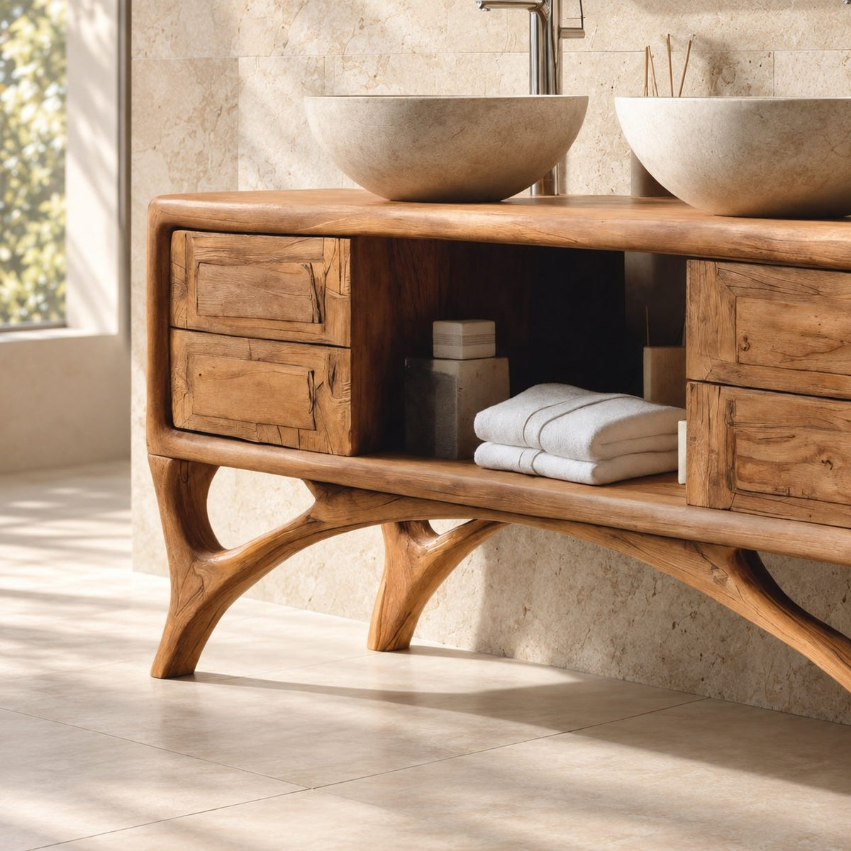 Arched Leg Bathroom Vanity Cabinet 40-80 Inch, Four Drawers, Open Center Niche, Sculpted Curved Legs
