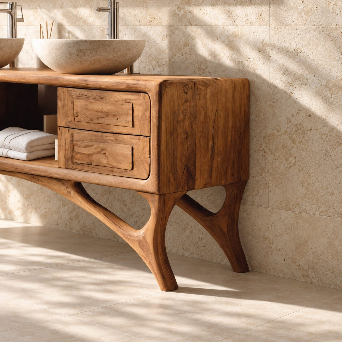 Arched Leg Bathroom Vanity Cabinet 40-80 Inch, Four Drawers, Open Center Niche, Sculpted Curved Legs