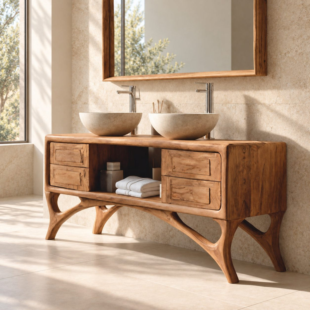 Arched Leg Bathroom Vanity Cabinet 40-80 Inch, Four Drawers, Open Center Niche, Sculpted Curved Legs