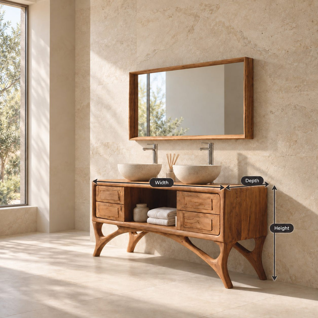 Arched Leg Bathroom Vanity Cabinet 40-80 Inch, Four Drawers, Open Center Niche, Sculpted Curved Legs