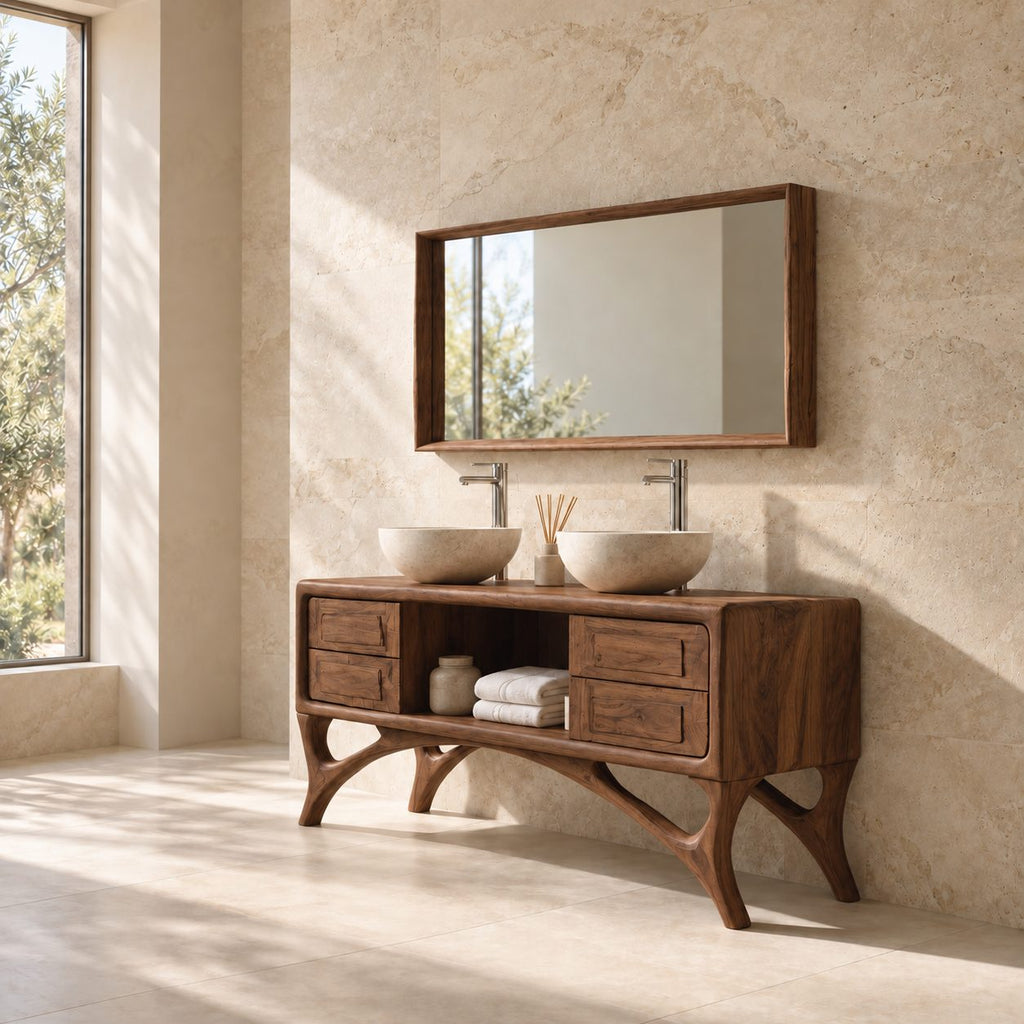 Arched Leg Bathroom Vanity Cabinet 40-80 Inch, Four Drawers, Open Center Niche, Sculpted Curved Legs