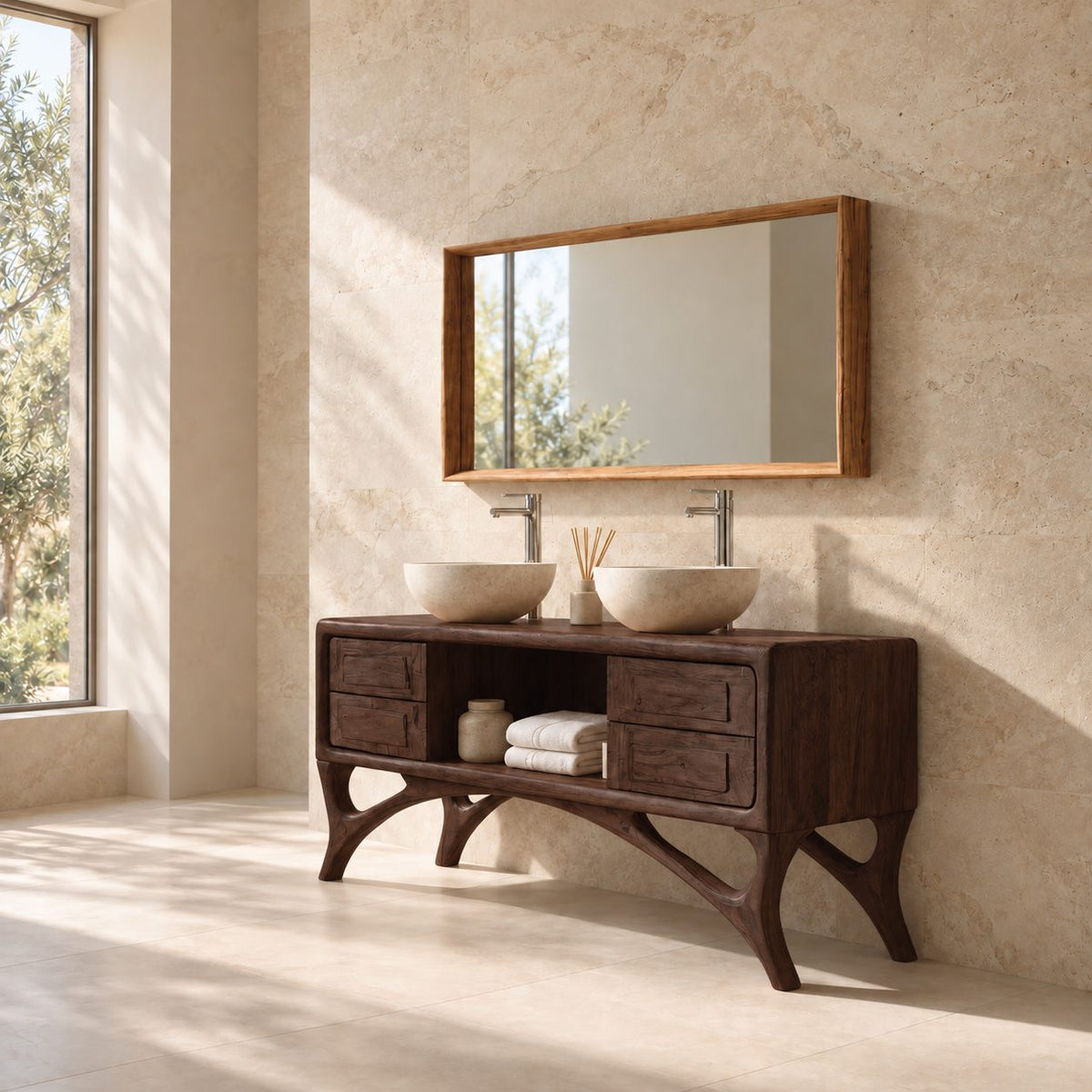 Arched Leg Bathroom Vanity Cabinet 40-80 Inch, Four Drawers, Open Center Niche, Sculpted Curved Legs