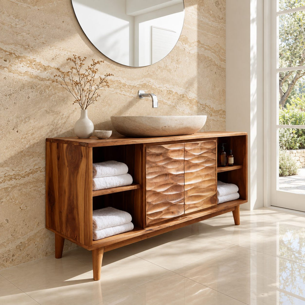 Wave Front Door Bathroom Vanity 40-80 Inch, Carved Double Door Cabinet, Open Side Shelves, Tapered Legs