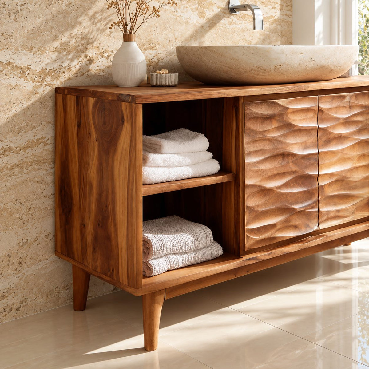 Wave Front Door Bathroom Vanity 40-80 Inch, Carved Double Door Cabinet, Open Side Shelves, Tapered Legs