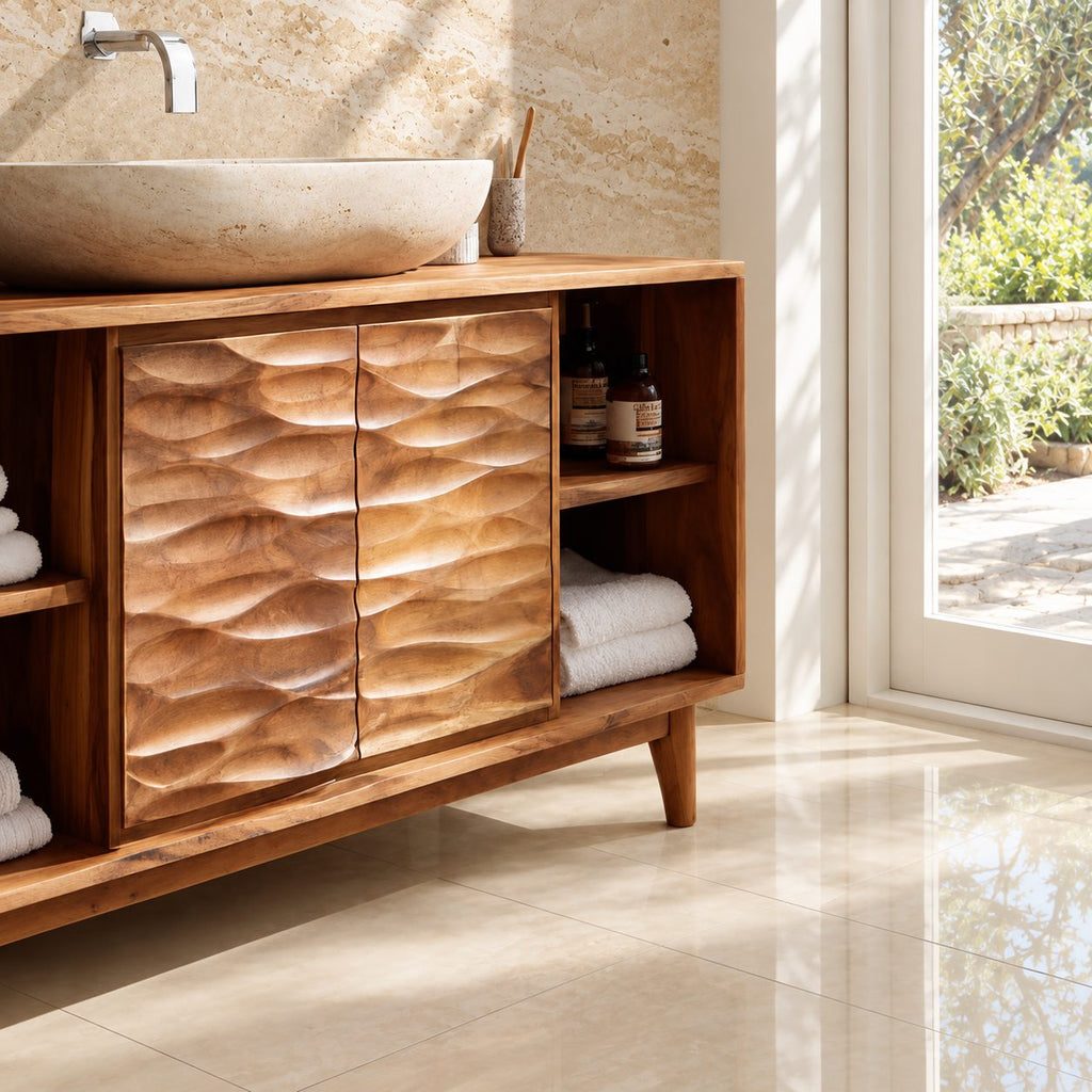 Wave Front Door Bathroom Vanity 40-80 Inch, Carved Double Door Cabinet, Open Side Shelves, Tapered Legs