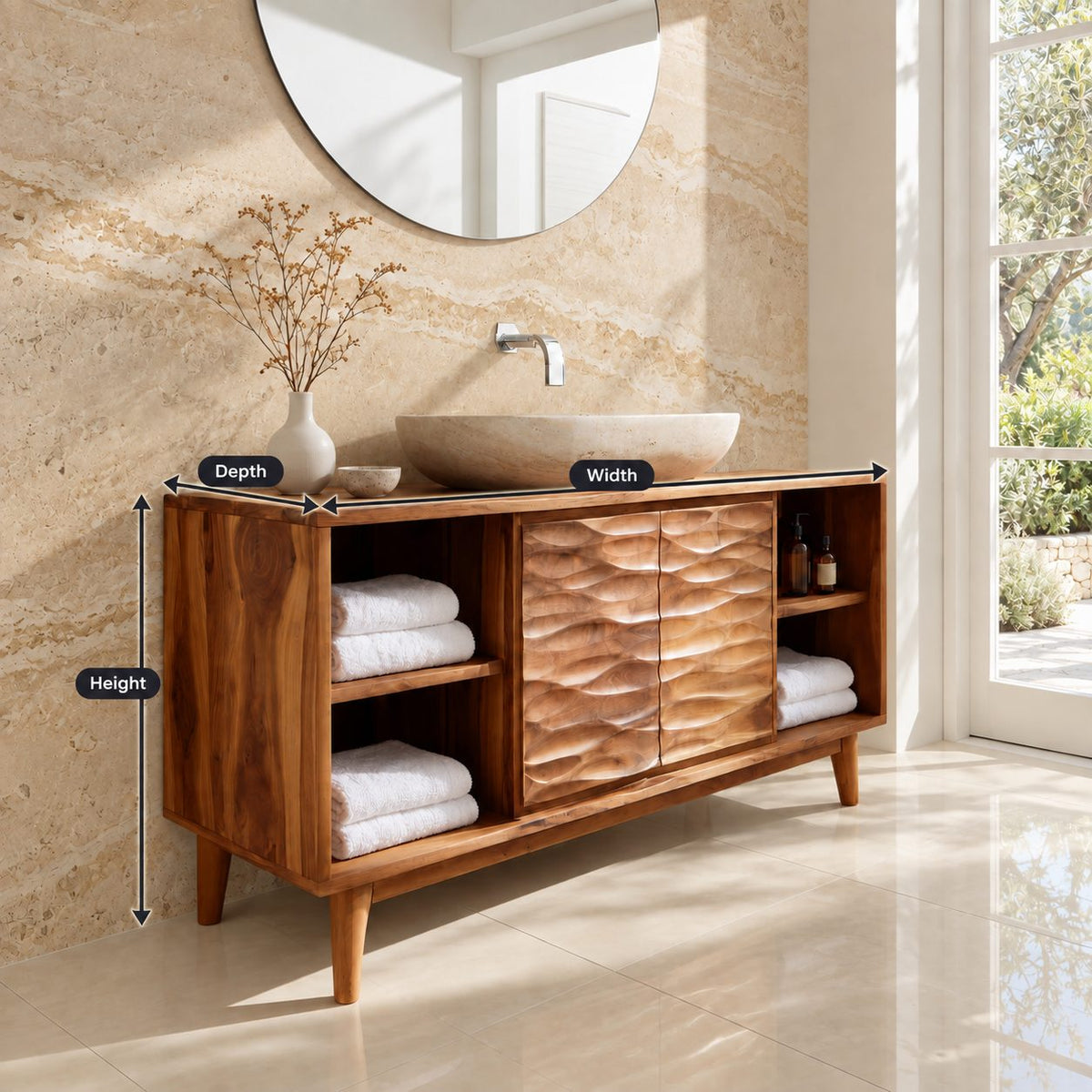 Wave Front Door Bathroom Vanity 40-80 Inch, Carved Double Door Cabinet, Open Side Shelves, Tapered Legs