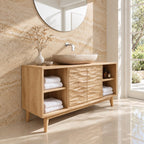 Wave Front Door Bathroom Vanity 40-80 Inch, Carved Double Door Cabinet, Open Side Shelves, Tapered Legs