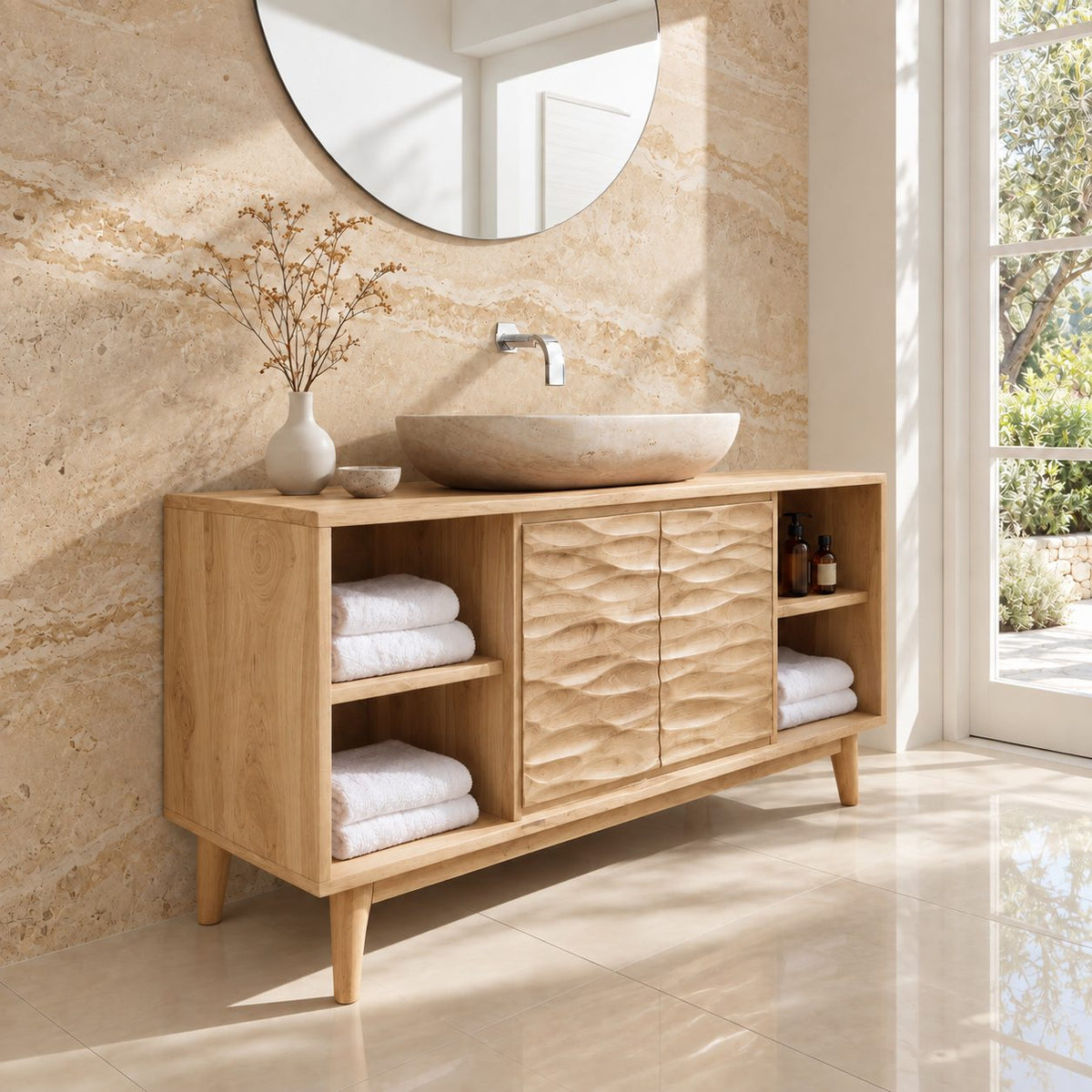 Wave Front Door Bathroom Vanity 40-80 Inch, Carved Double Door Cabinet, Open Side Shelves, Tapered Legs