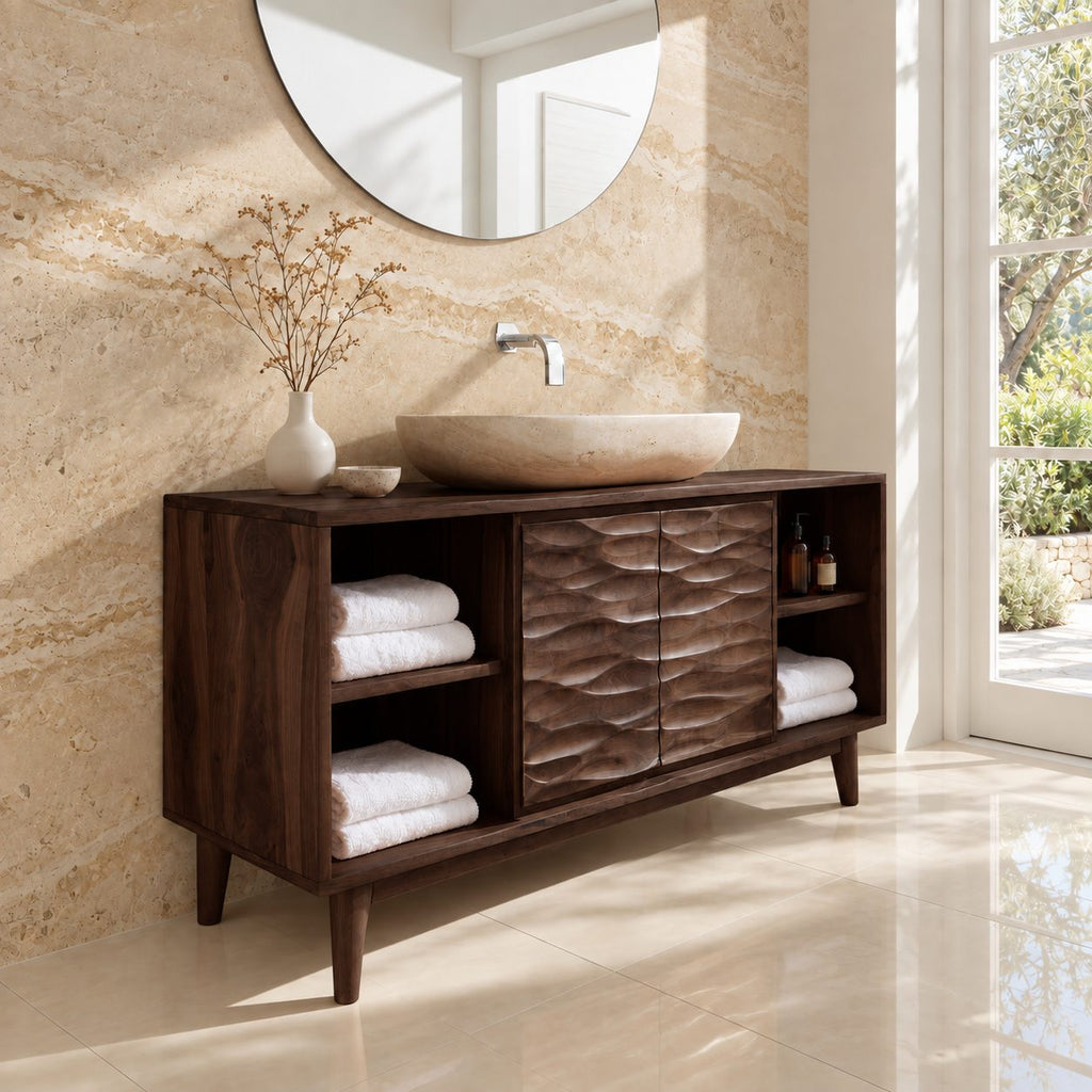 Wave Front Door Bathroom Vanity 40-80 Inch, Carved Double Door Cabinet, Open Side Shelves, Tapered Legs