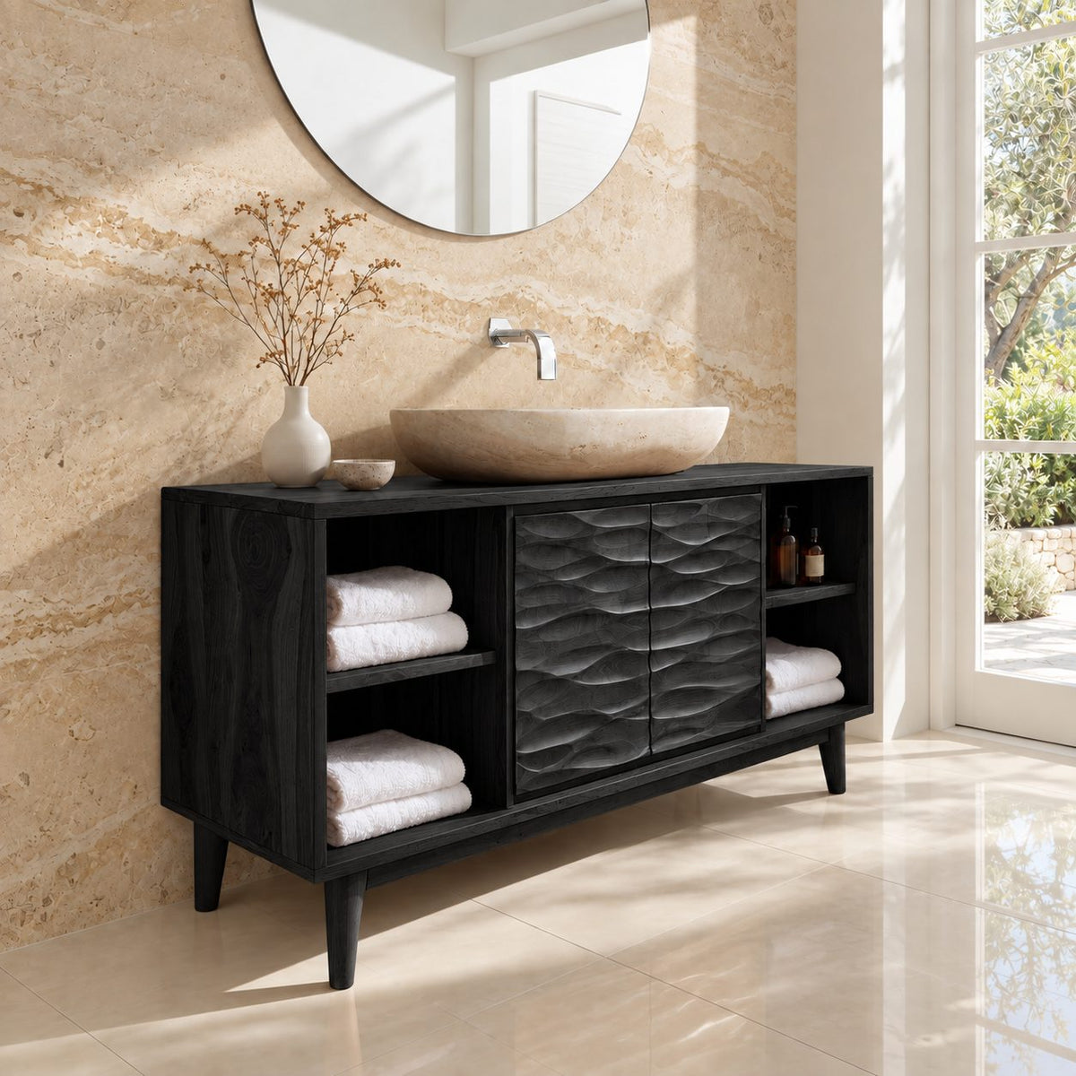 Wave Front Door Bathroom Vanity 40-80 Inch, Carved Double Door Cabinet, Open Side Shelves, Tapered Legs