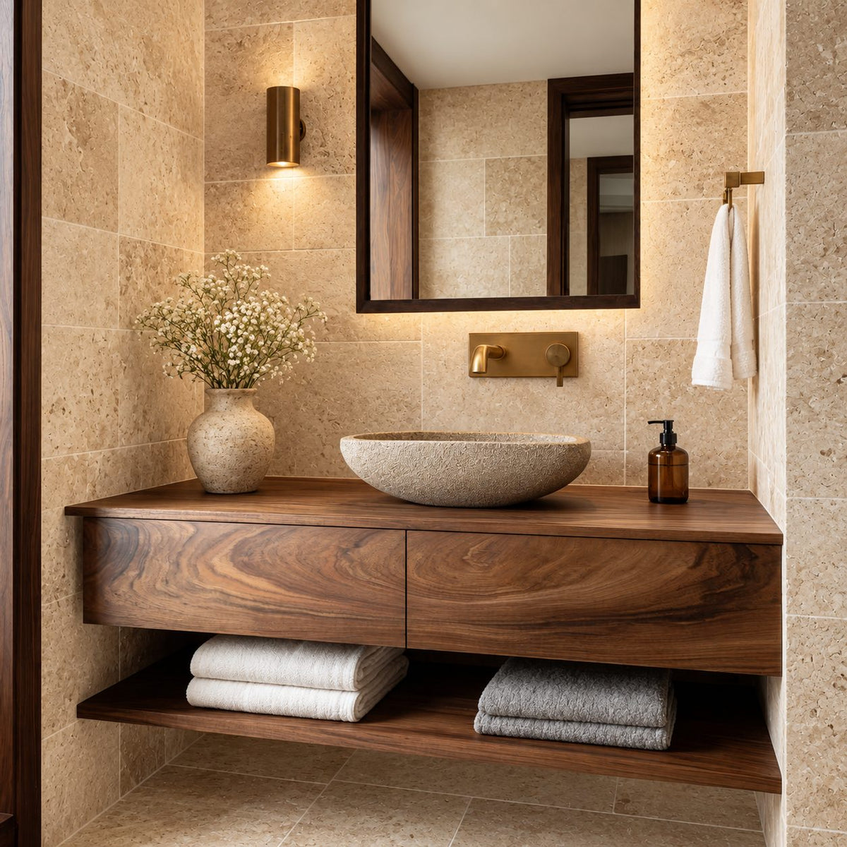 Wall Mounted Two Drawer Bathroom Vanity 40-80 Inch, Floating Wood Cabinet with Open Towel Shelf Below