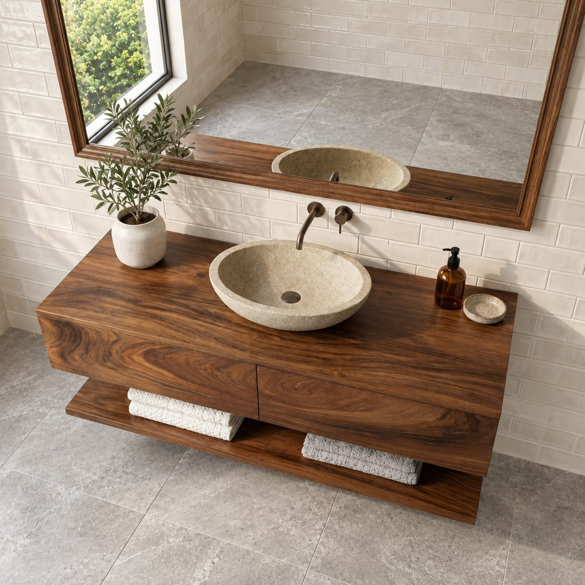 Wall Mounted Two Drawer Bathroom Vanity 40-80 Inch, Floating Wood Cabinet with Open Towel Shelf Below
