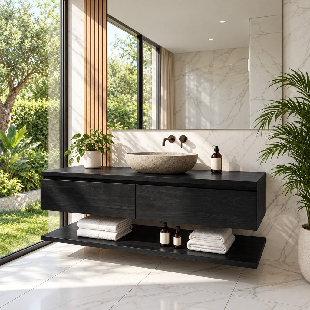 Wall Mounted Two Drawer Bathroom Vanity 40-80 Inch, Floating Wood Cabinet with Open Towel Shelf Below