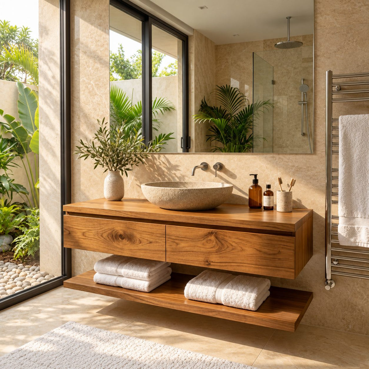 Wall Mounted Two Drawer Bathroom Vanity 40-80 Inch, Floating Wood Cabinet with Open Towel Shelf Below