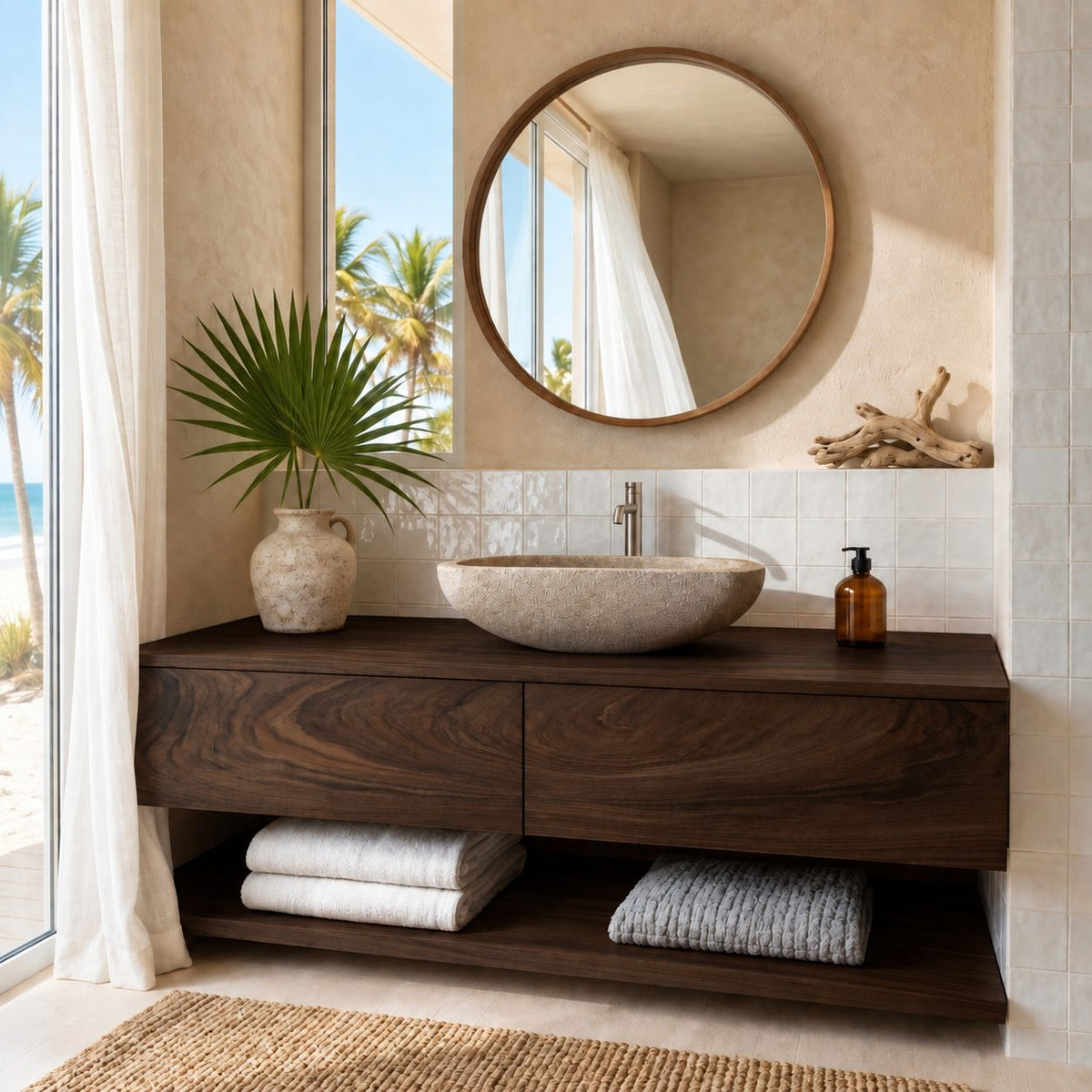 Wall Mounted Two Drawer Bathroom Vanity 40-80 Inch, Floating Wood Cabinet with Open Towel Shelf Below