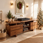 Twin Drawer Stack Bathroom Vanity 47-71 Inch, Live Edge Top, Two Drawer Cabinets, Center Cubbies