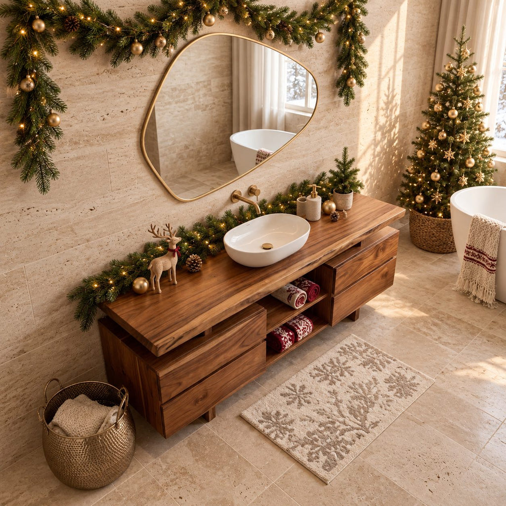Twin Drawer Stack Bathroom Vanity 47-71 Inch, Live Edge Top, Two Drawer Cabinets, Center Cubbies