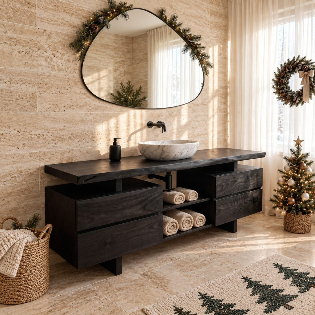 Twin Drawer Stack Bathroom Vanity 47-71 Inch, Live Edge Top, Two Drawer Cabinets, Center Cubbies